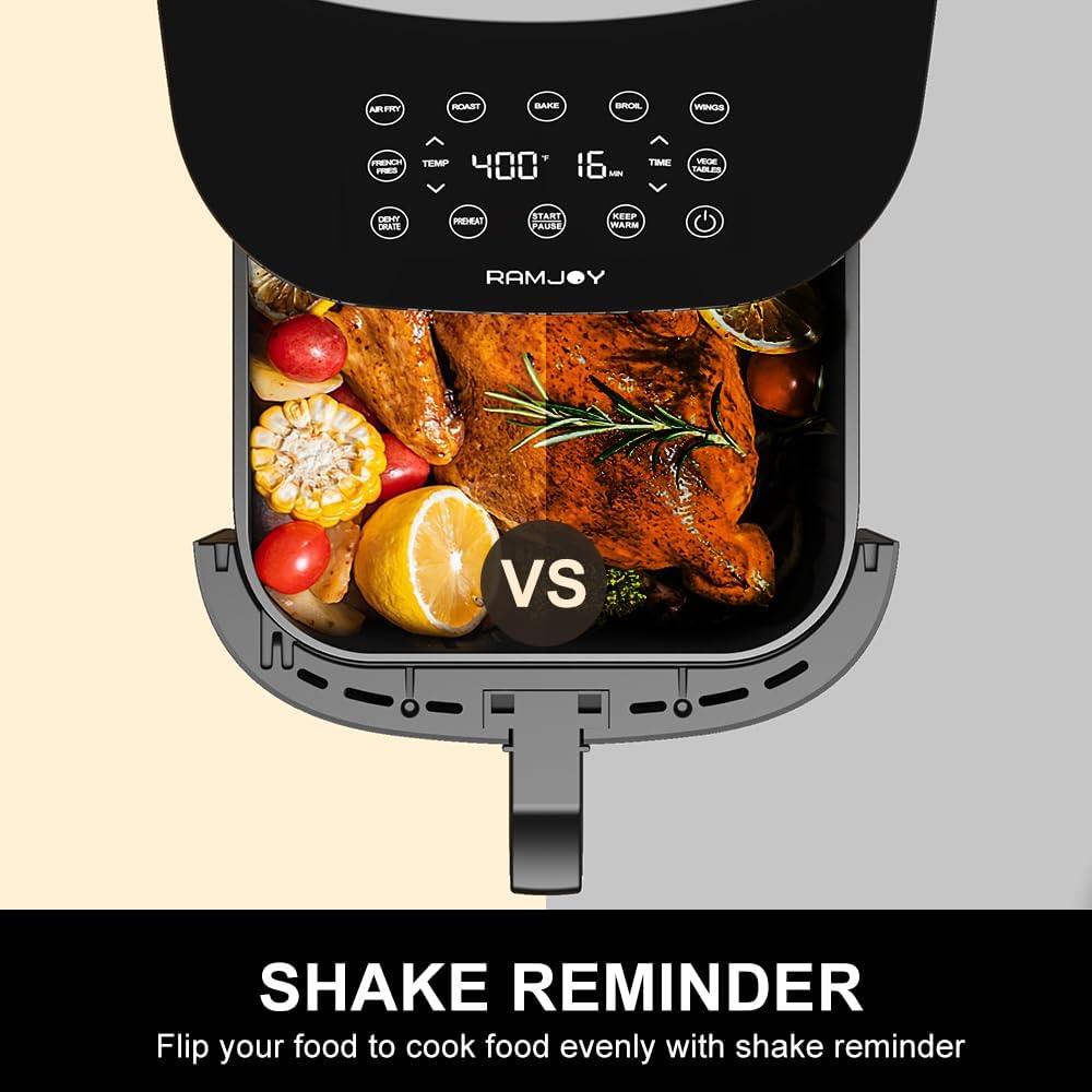 RAMJOY Air Fryer 6.8 Quarts, 10-in-1 Functions, Air Fry, Roast, Bake, Broil, Dehydrate, Large & Compact Air Fryers, Nonstick & Dishwasher-Safe Airfryer Basket, Stainless Steel Air Fryer, Metal Grey