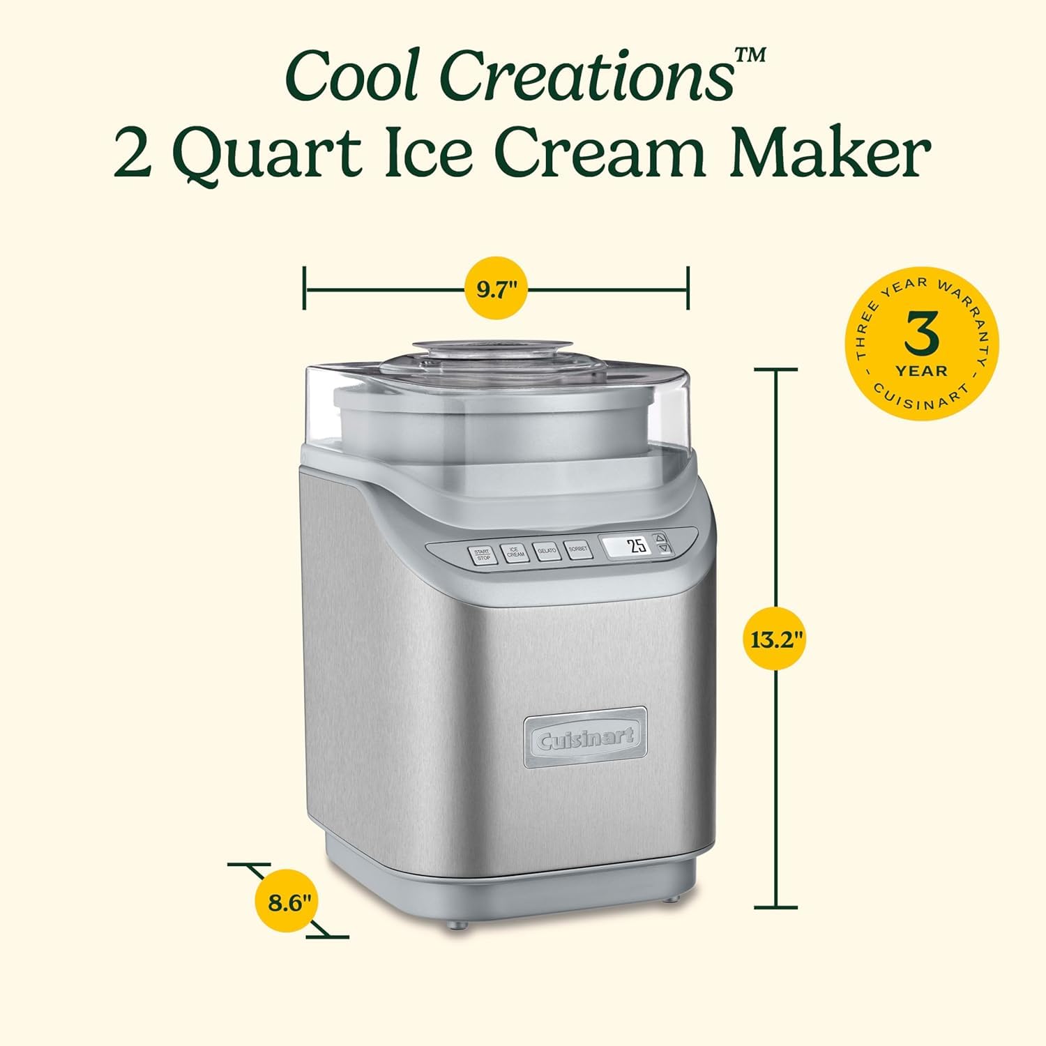 Cuisinart Ice Cream Maker Machine, 2-Quart Stainless Steel Frozen Yogurt, Gelato, Sorbet, Ready in 20 Minutes, LCD Screen and Timer (ICE-70C)