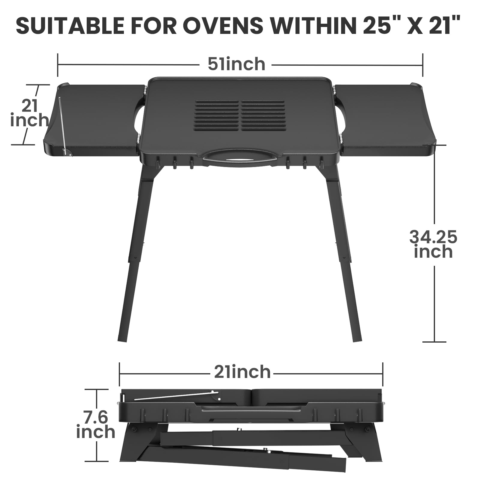 GRISUN Foldable Grill Table Stand for Ninja Woodfire Outdoor Grill（OG700/701/751), Portable Camping Table for Blackstone 22", Portable BBQ Stand with 2 Wheels, Side Table & Storage Basket