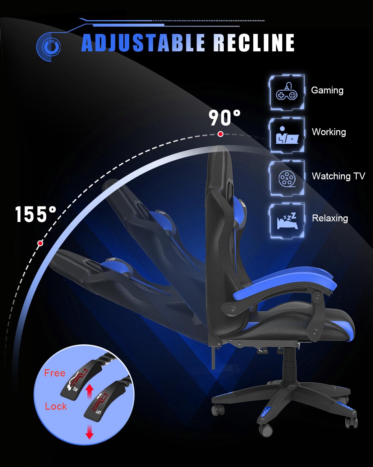 Bigzzia Gaming Chair with RGB LED Lights for Kids & Adults, High Back Ergonomic Computer Gamer Chair with Headrest and Lumbar Support, Racing Style Reclining Game Chair(Black)