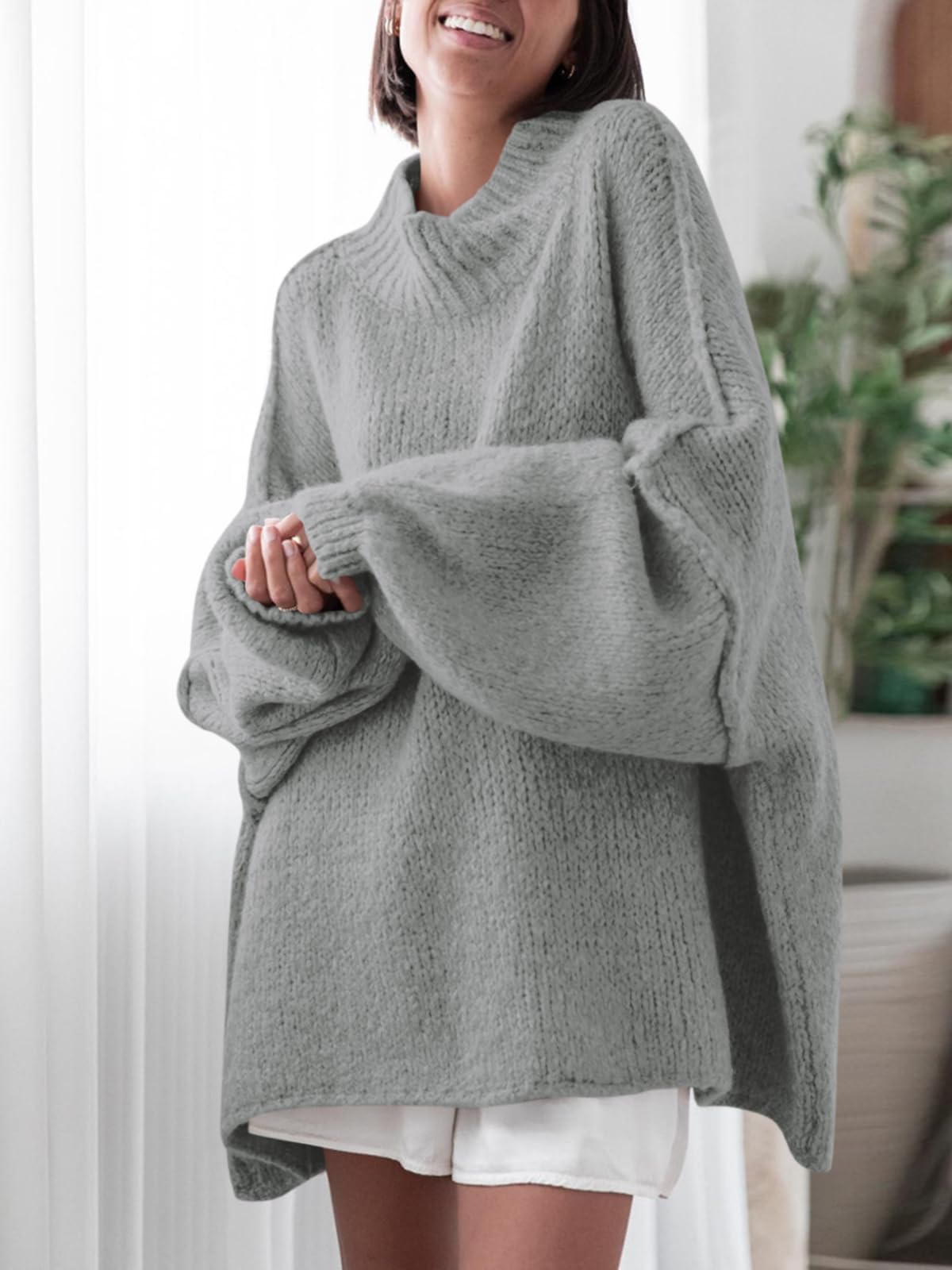 Saodimallsu Womens Oversized Sweaters Mock Neck Batwing Long Sleeve 2026 Fall Trendy Ribbed Knit Casual Tunic Sweater