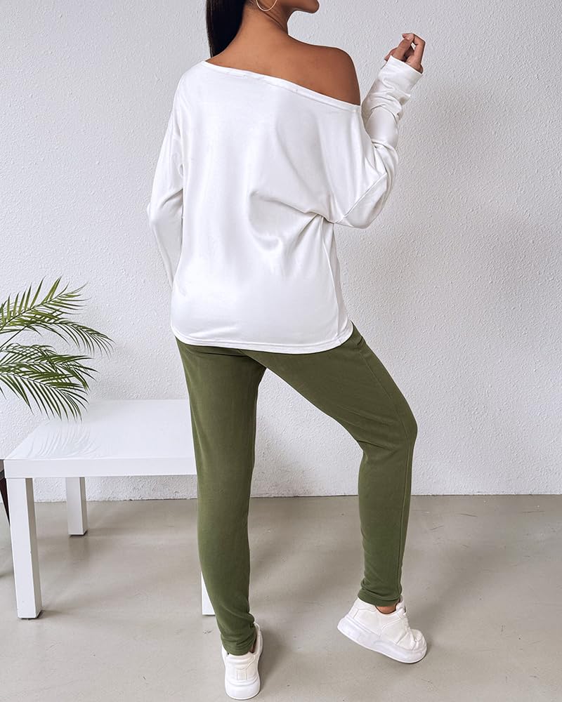 CHICME Women Tracksuit Fall 2 piece Outfits Off The Shoulder Long Sleeve Tops and Pants Set Travel Outfits