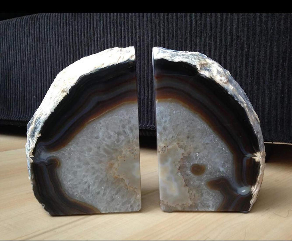 JIC Gem Black Agate Geode Bookends 2-3 Lbs Anti-Slip Rubber Pads Heavy Duty | 1Pair Natural Black Agate Crystal Decor for Shelves & Desk, Unique Small Stone Book Holder Gift for Office & Home Decoration