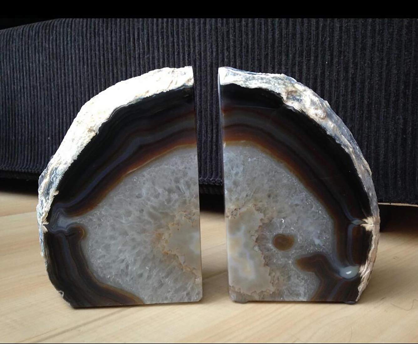 JIC Gem Black Agate Geode Bookends 2-3 Lbs Anti-Slip Rubber Pads Heavy Duty | 1Pair Natural Black Agate Crystal Decor for Shelves & Desk, Unique Small Stone Book Holder Gift for Office & Home Decoration