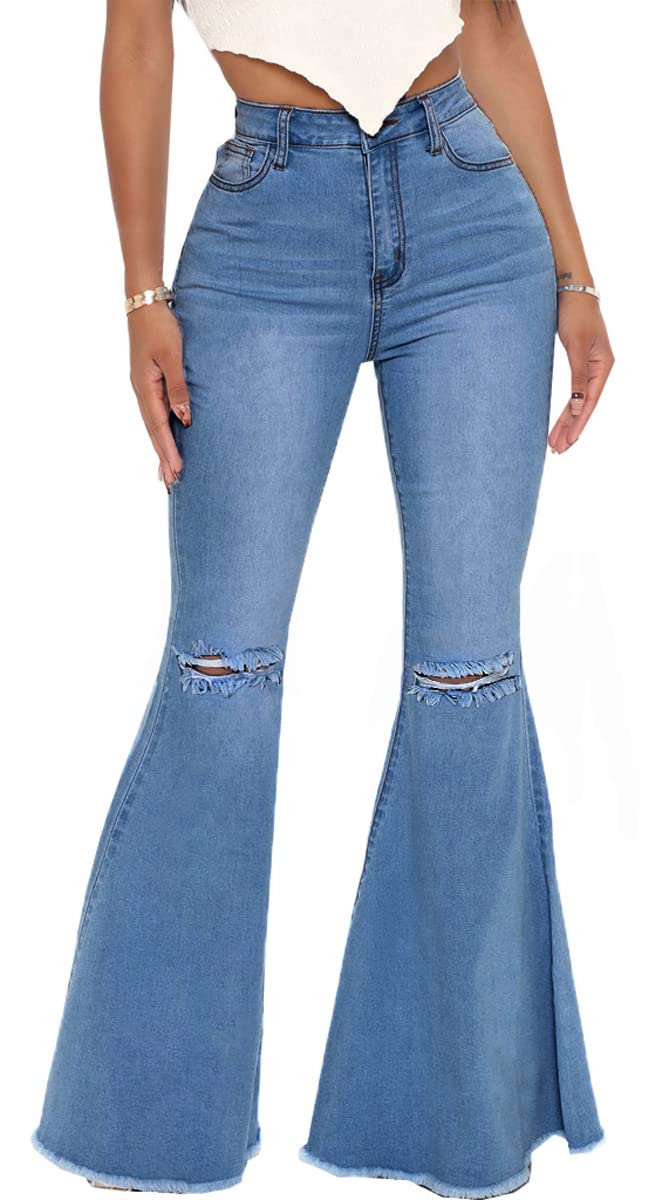 Bell Bottom Jeans for Women Ripped High Waisted Classic Flared Denim Pants
