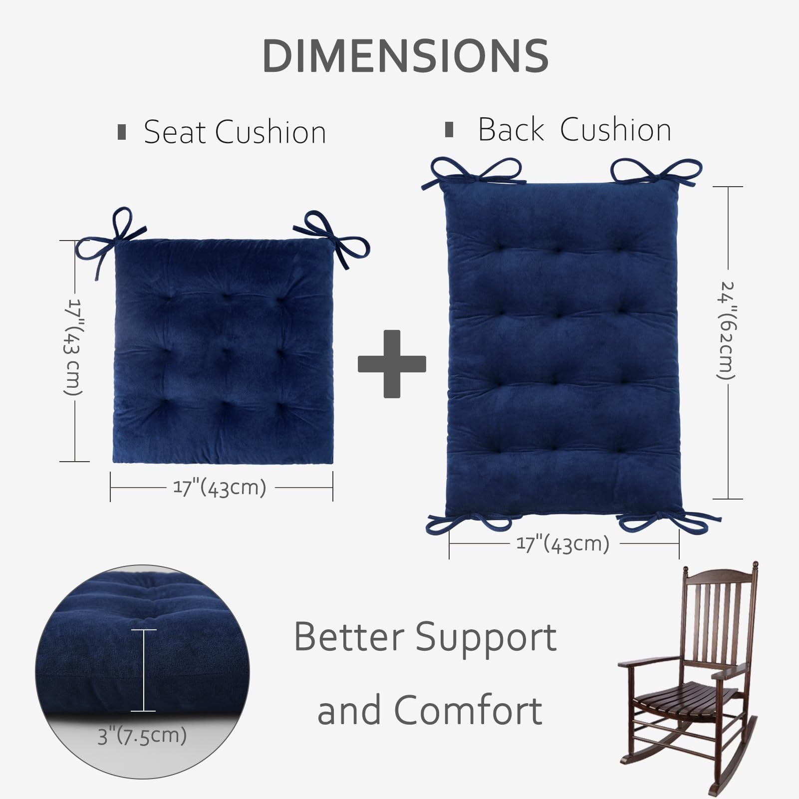 ELFJOY Rocking Chair Cushion Large Rocking Chair Pads with Ties Premium Tufted High Back and Seat Cushion 2 Piece Set Black
