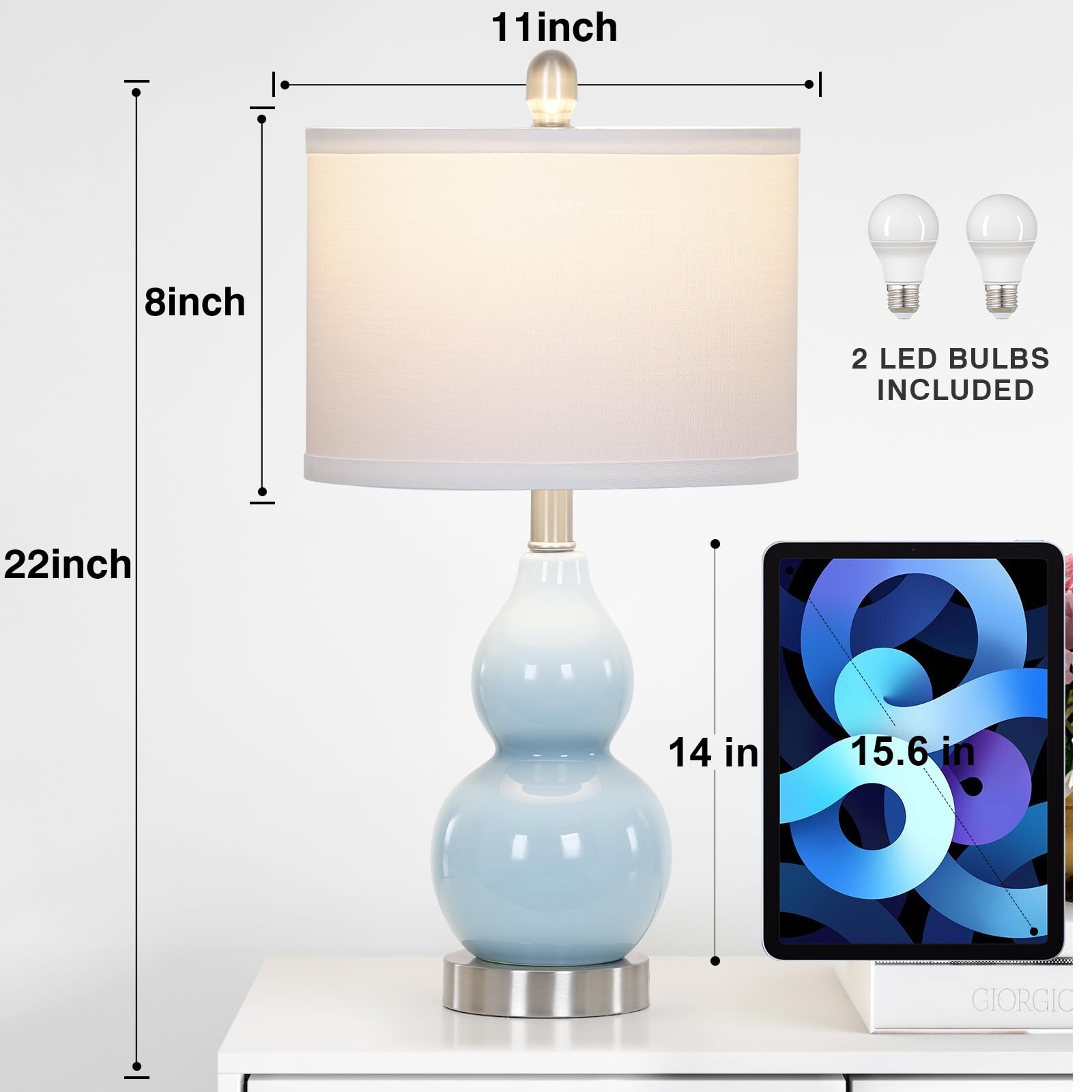Rinweey Double Gourd Ceramic Table Lamps Set of 2, Modern Blue Bedside Lamps for Night Stand, Contemporary Nightstand Lamps for Bedroom Living Room (Bulb Included)