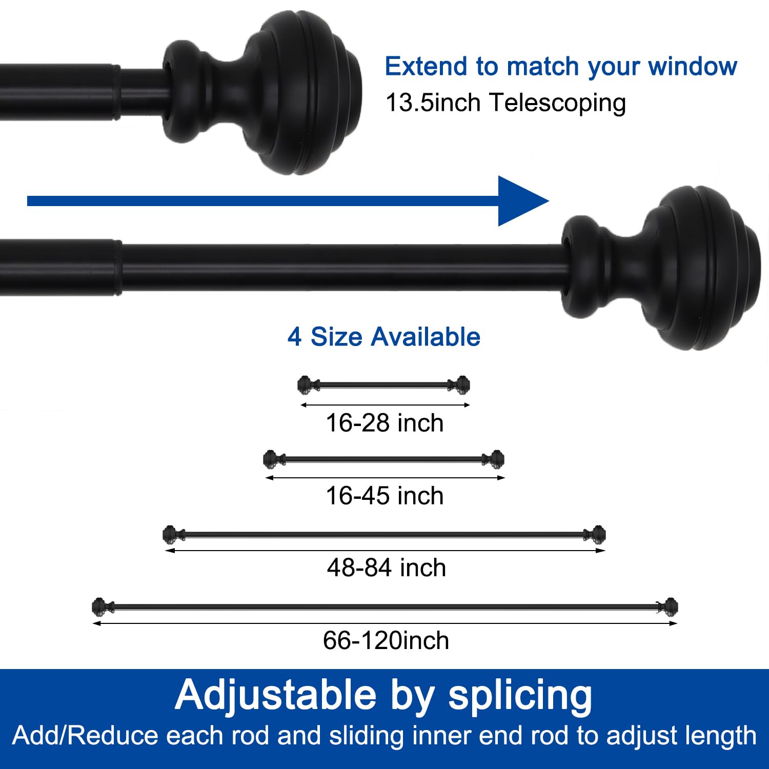 Curtain Rods for Windows 48-84 inch,3/4 inch Heavy Duty Adjustable Decorative Curtain Rod with Modern Finials,Window Rods for Bedroom, Living Room,Patio and Kitchen