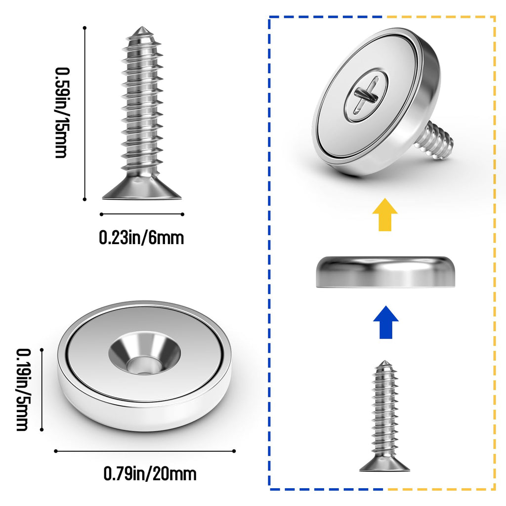 VNDUEEY Magnets with Holes, Strong Rare Earth Magnets, 8 Pack 40LBS Neodymium Cup Magnet with Stainless Screws for Wall Mounting, Round Base Disc Magnet for Kitchen, Office, Workplace, DIY Craft