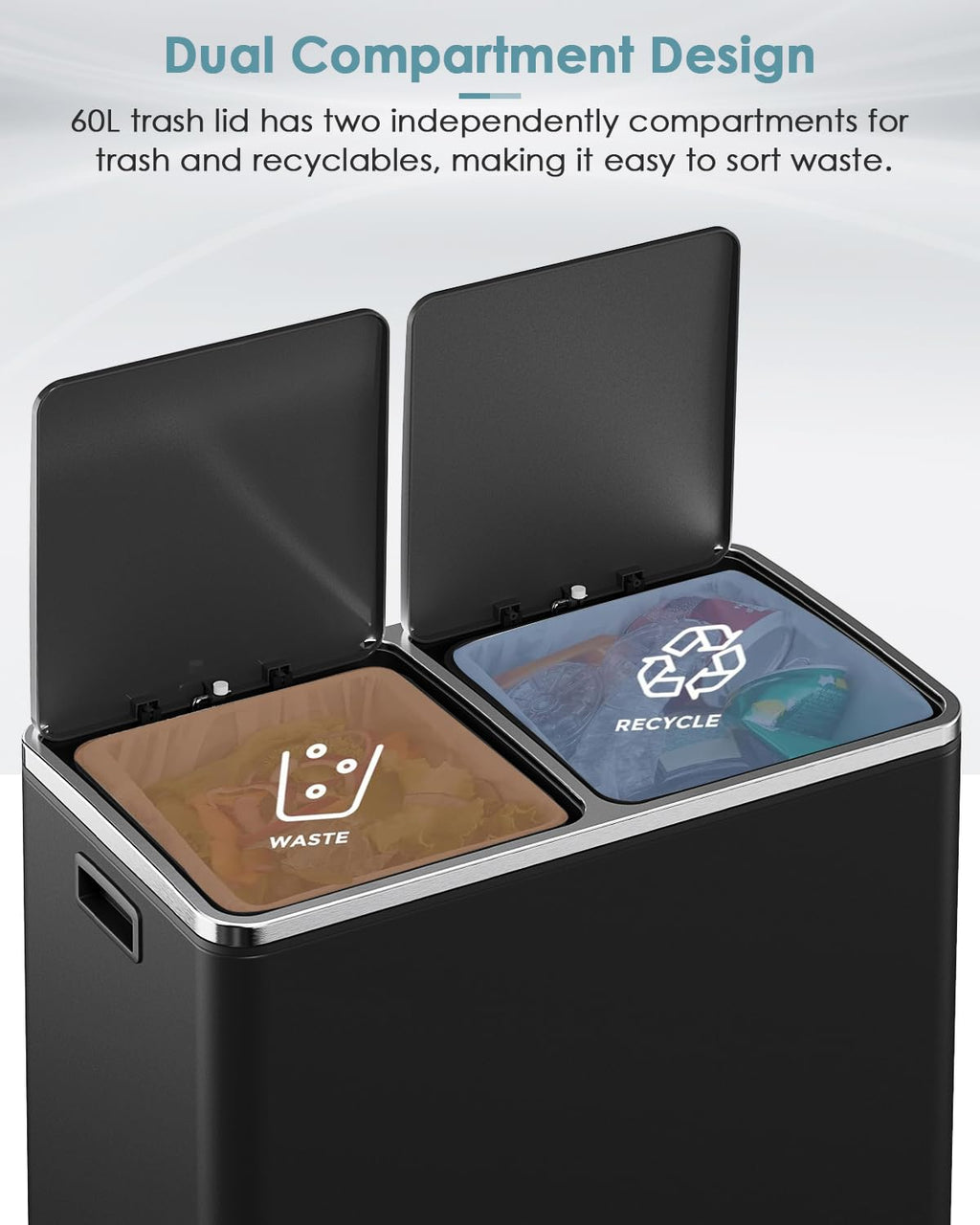 60L(16 Gal) Dual Trash Can, Stainless Steel Kitchen Garbage Can, Double Compartment Classified Rubbish Bin, Recycle Dustbin w/Plastic Inner Buckets, Soft-Close Lid, Airtight, Black