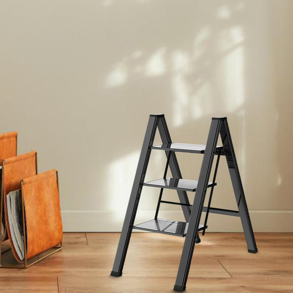 2 Step Lightweight Folding Ladder for Home, 330lbs Aluminum Step Ladder Anti-Slip for Kitchen, Step Stool Foldable Adults for Closet, 330lbs - Black