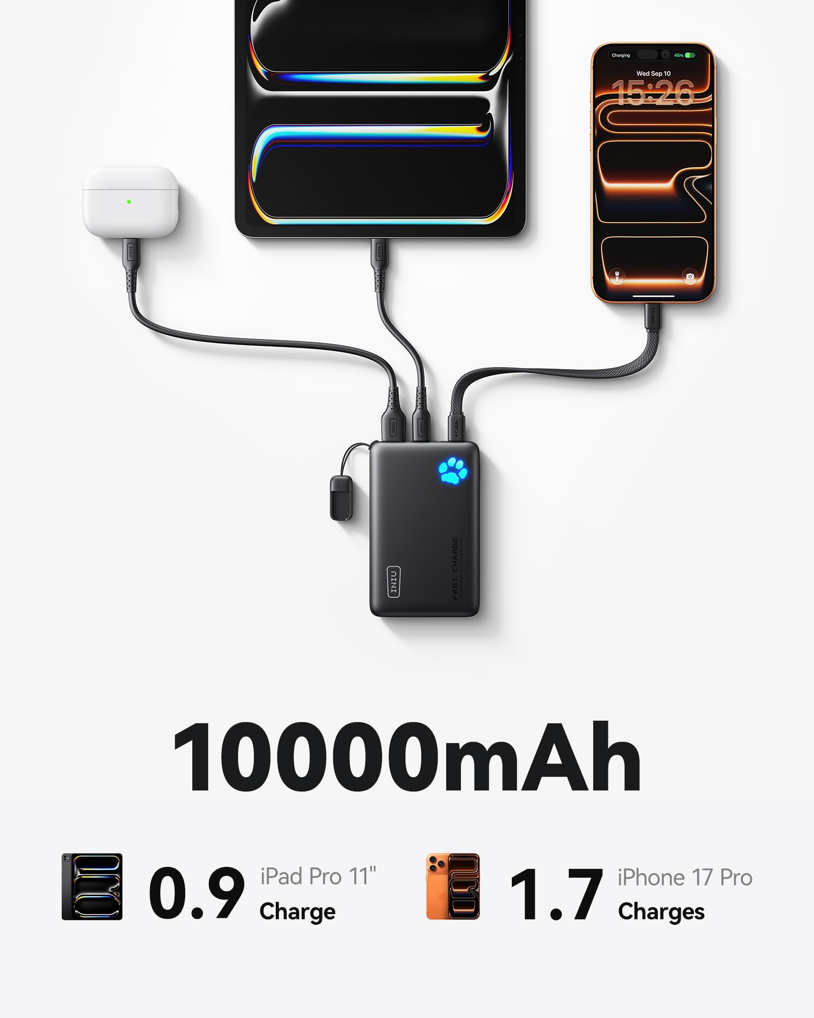 INIU 45W Fast Charging Portable Charger, 40% Smaller 10000mAh with Detachable Cable, Flight-Safe Travel Power Bank, USB C External Phone Battery Pack for iPhone 17 16 Pro iPad Samsung S26 Google etc