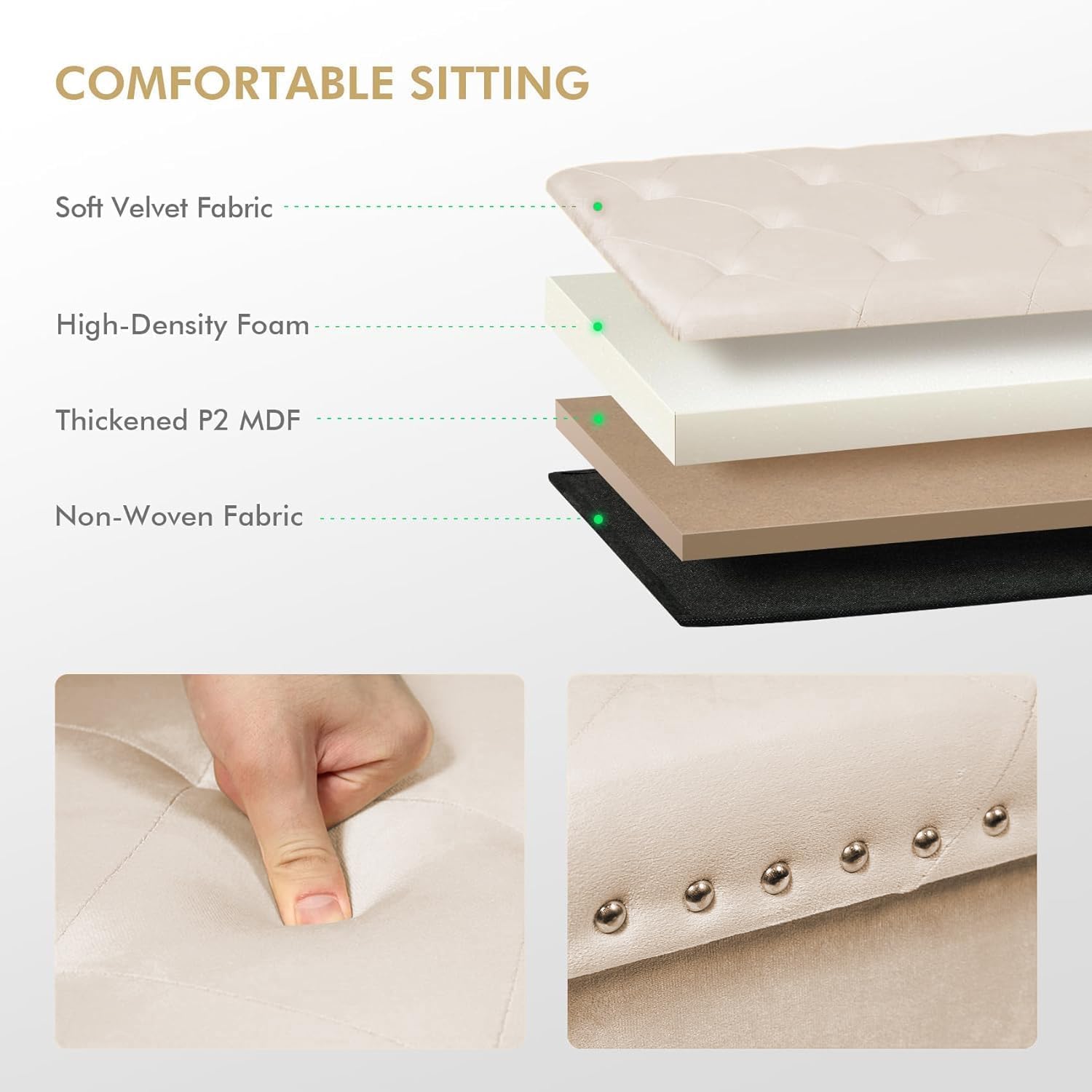PINPLUS Folding Storage Ottoman Bench, Folding Velvet Tuffed Foot Rest Stool with Rivet, End of Bed Bench Large Long Shoes Chest for Bedroom Entryway Living Room, Beige, 41.3 Inches