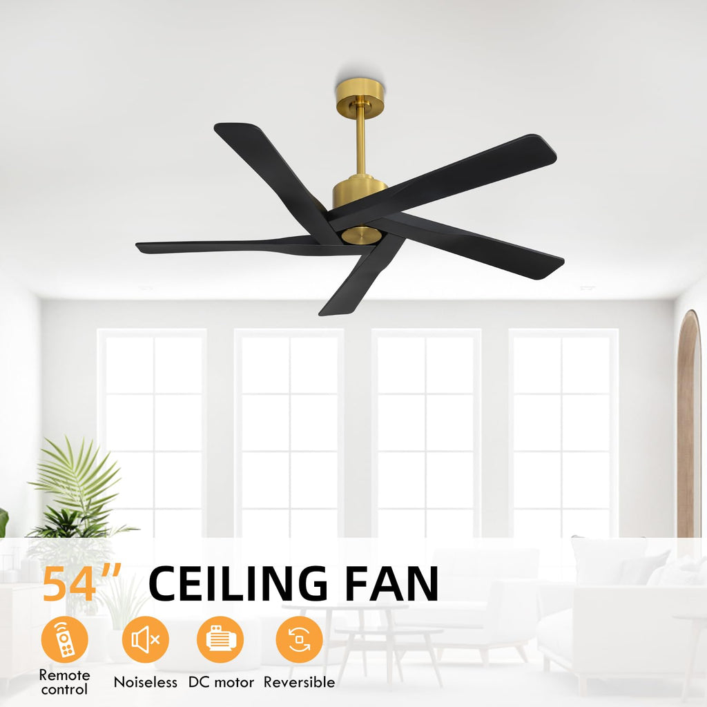WINGBO 54" ABS DC Ceiling Fan No Light, 5 Blade Wood Grain ABS Ceiling Fan with Remote, 6-Speed Reversible DC Motor, Ceiling Fans without Light for Kitchen Bedroom Living Room, Antique Nickel and Grey