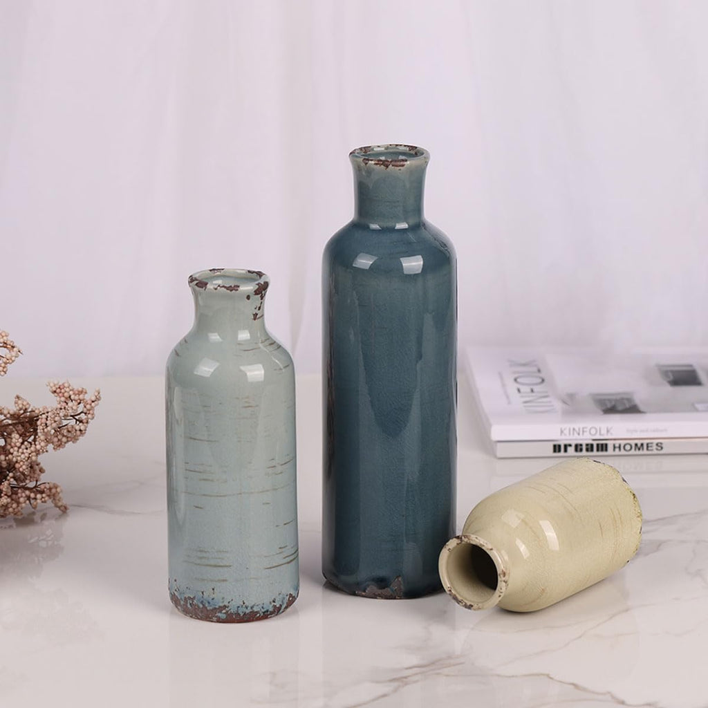 Ceramic Vase Set - 3 Ceramic Small Vases, Farmhouse Country Flower Vase Home Decor, Living Room Decoration, Table Decoration, Fireplace Decor, and Entrance Decorations Centerpieces