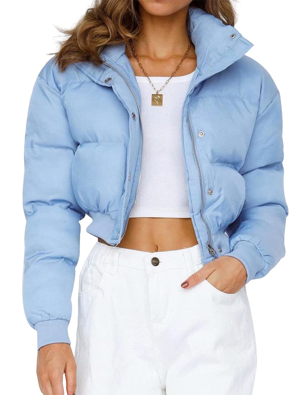 Gihuo Women' s Cropped Puffer Jacket Padded Long Sleeve Bubble Coats Winter Warm Puffy Outerwear