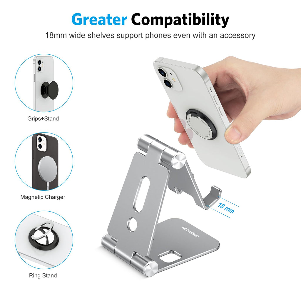 OMOTON Foldable Cell Phone Stand, C4 Portable Aluminum Phone Holder, Adjustable Phone Dock Cradle for iPhone 17/16/15 Pro Max Air, Small Tablets, All Smart Phones for Women Men Gift, Silver