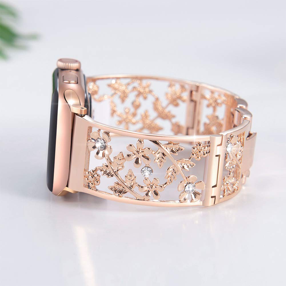 Floral Band Compatible with Apple Watch Jewelry Band 38mm 40mm 41mm 42mm iWatch Bands Series 11 10 9 8 7 6,Bling Crystal Bracelet Hollow Metal Strap,Fashion Women Wristband(38/40/41/42mm,Black)