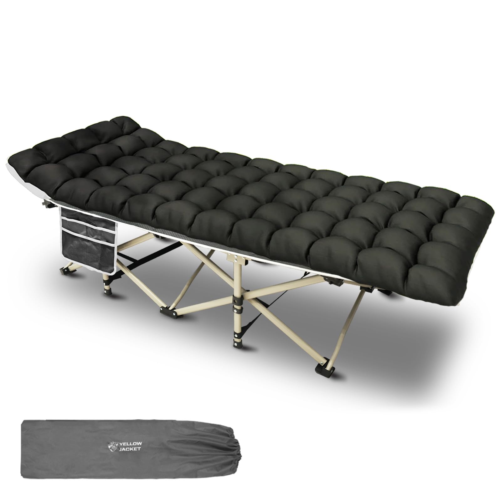 YELLOW JACKET Camping Cot with Mattress for Adults, Folding Sleeping Cot 600lbs Max Load, Portable Camping Cot with Carry Bag, 28" Wide Cot for Camping, Home,Office,Travel (Black)
