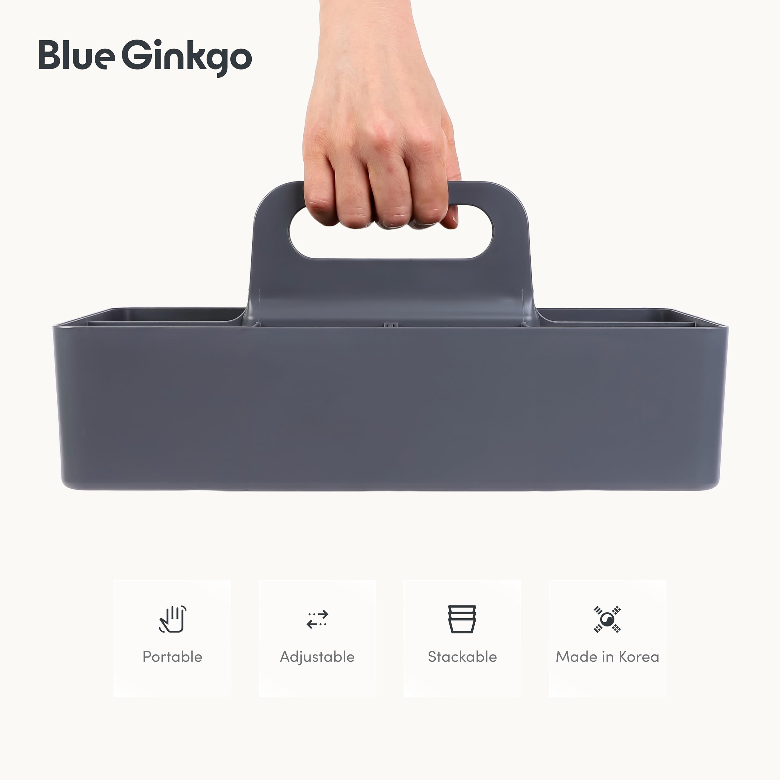 BLUE GINKGO Stackable Organizer Caddy – Korean-Made Portable Tote for Bathroom, Office, Crafts, or School Supplies (Long Rectangle, Blue)