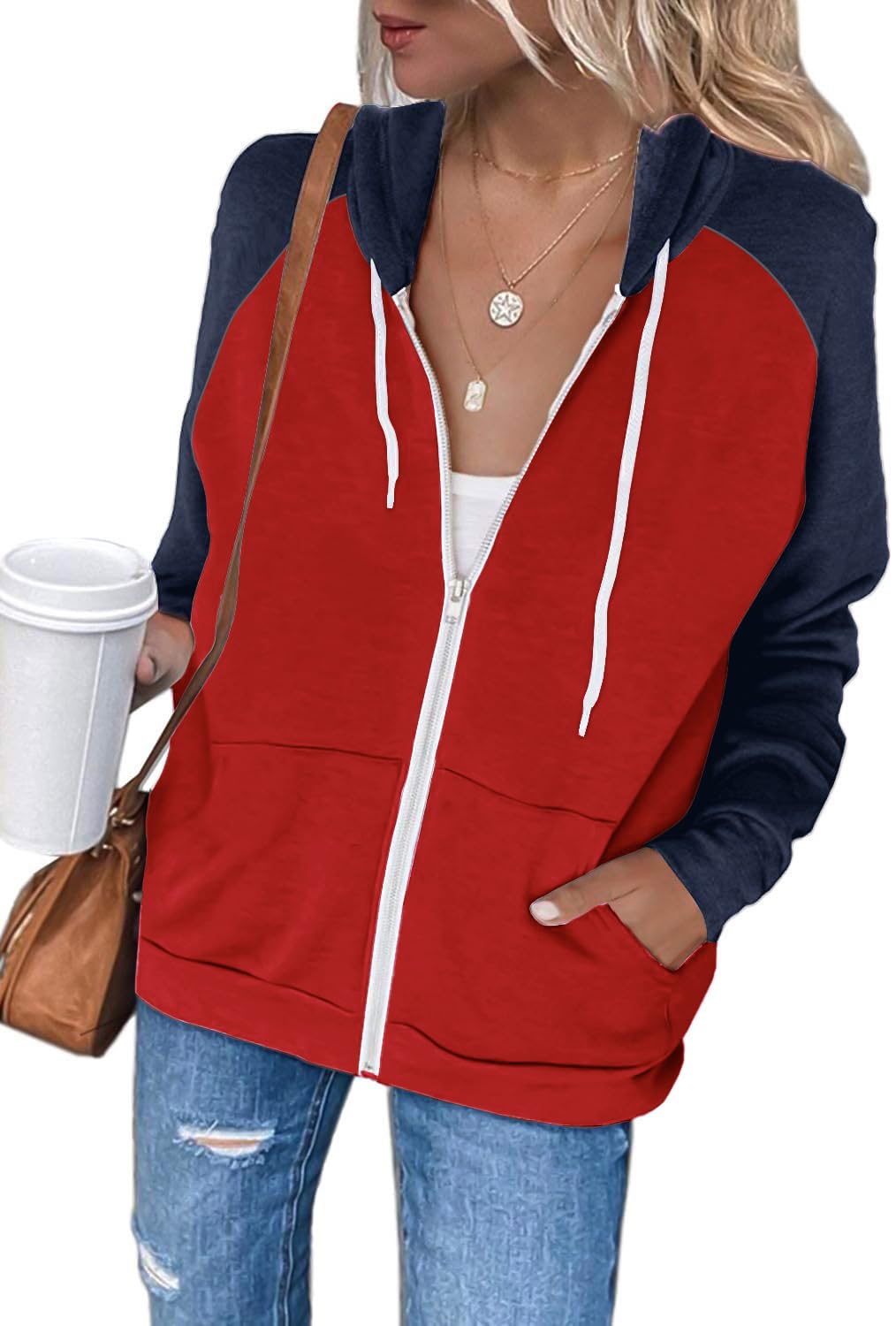 EZBELLE Women's Color Block Zip Up Hoodie Sweatshirt Casual Long Sleeve Jacket Sweater with Pockets