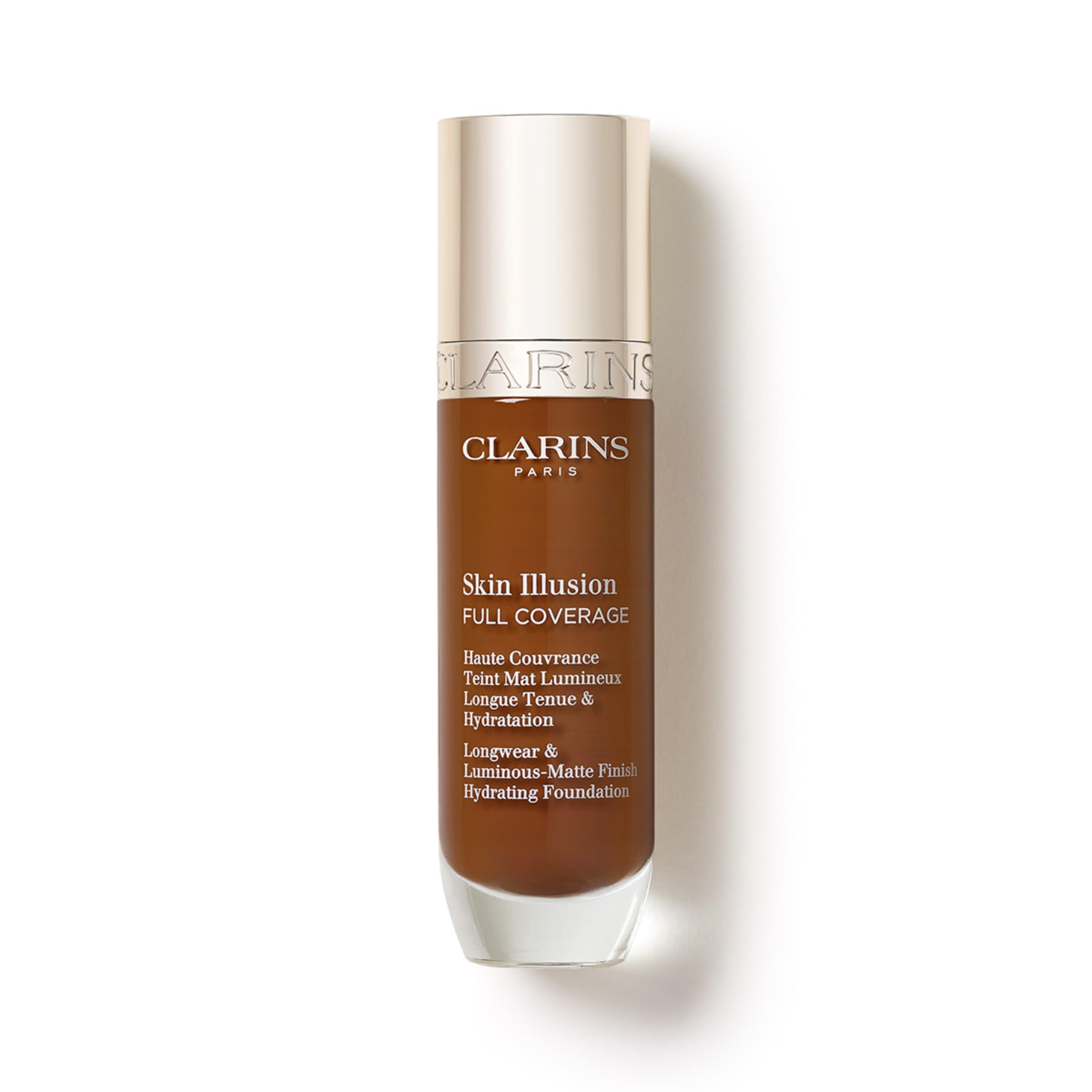 Clarins Skin Illusion Longwear Full Coverage Foundation|Luminous Matte Finish|24H Hold and 24H Hydration|Natural Looking|Transfer, Sweat and Smudge Proof| Contains Hyaluronic Acid|1 Fl Oz
