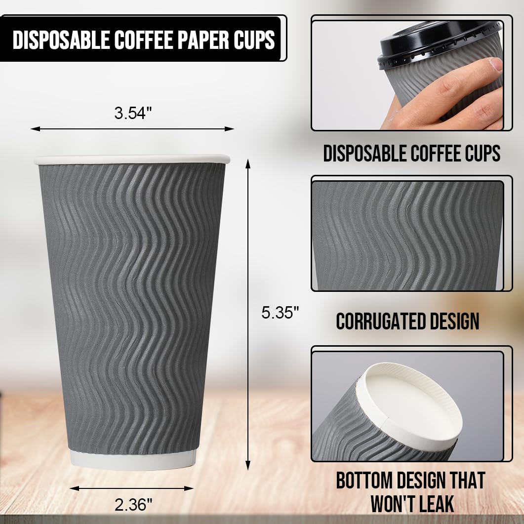 BYSNOW 100 Pack 10 oz Coffee Cups with Lids, Disposable Insulated Hot Cups To Go Paper Coffee Cups, Corrugated Ripple Wall Cup for Hot Drink, Office, Coffee Bar (Grey 10 oz)