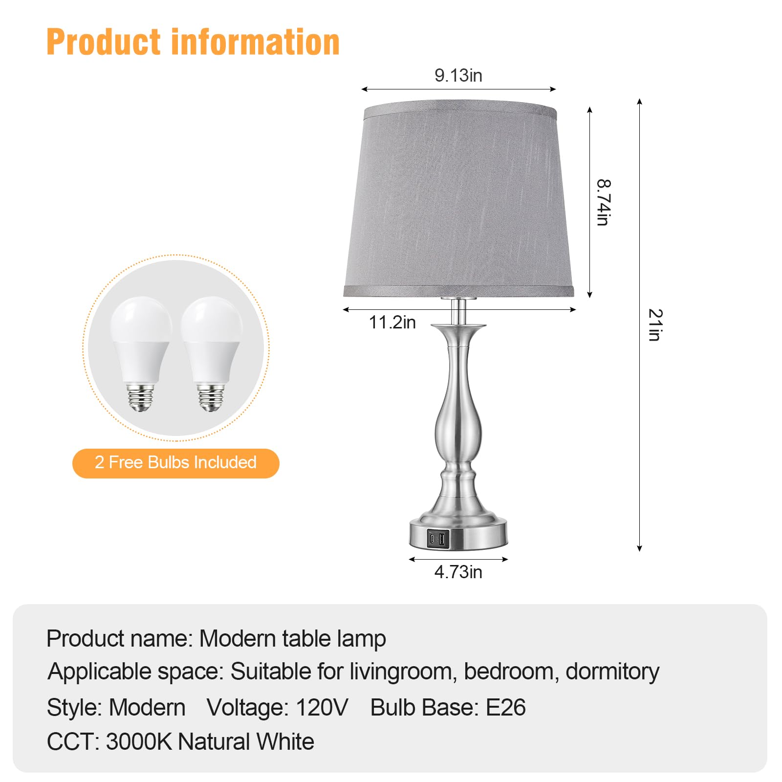 Bedside Table Lamp Touch Control Bedroom Lamps with USB A and C Charging Port 3 Way Dimmable Touch Lamps for Nightstand Living Room Bedroom Dorm Home Office Reading, Set of 2