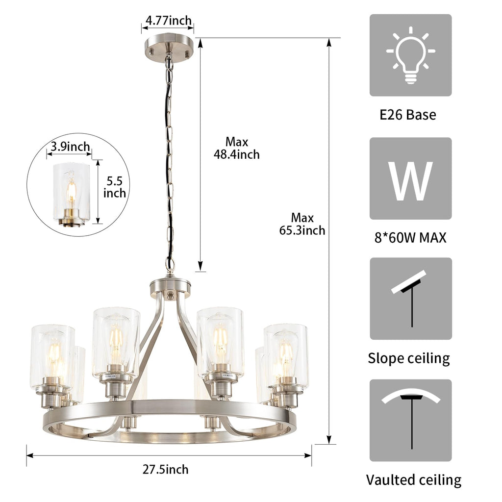 Lanhall 6-Light Modern Dining Room Light Fixture Brushed Nickel Kitchen Chandelier Ceiling Hanging Pendant Lighting with Glass Shade for Living Room Bedroom Entryway Adjustable Height Metal E26