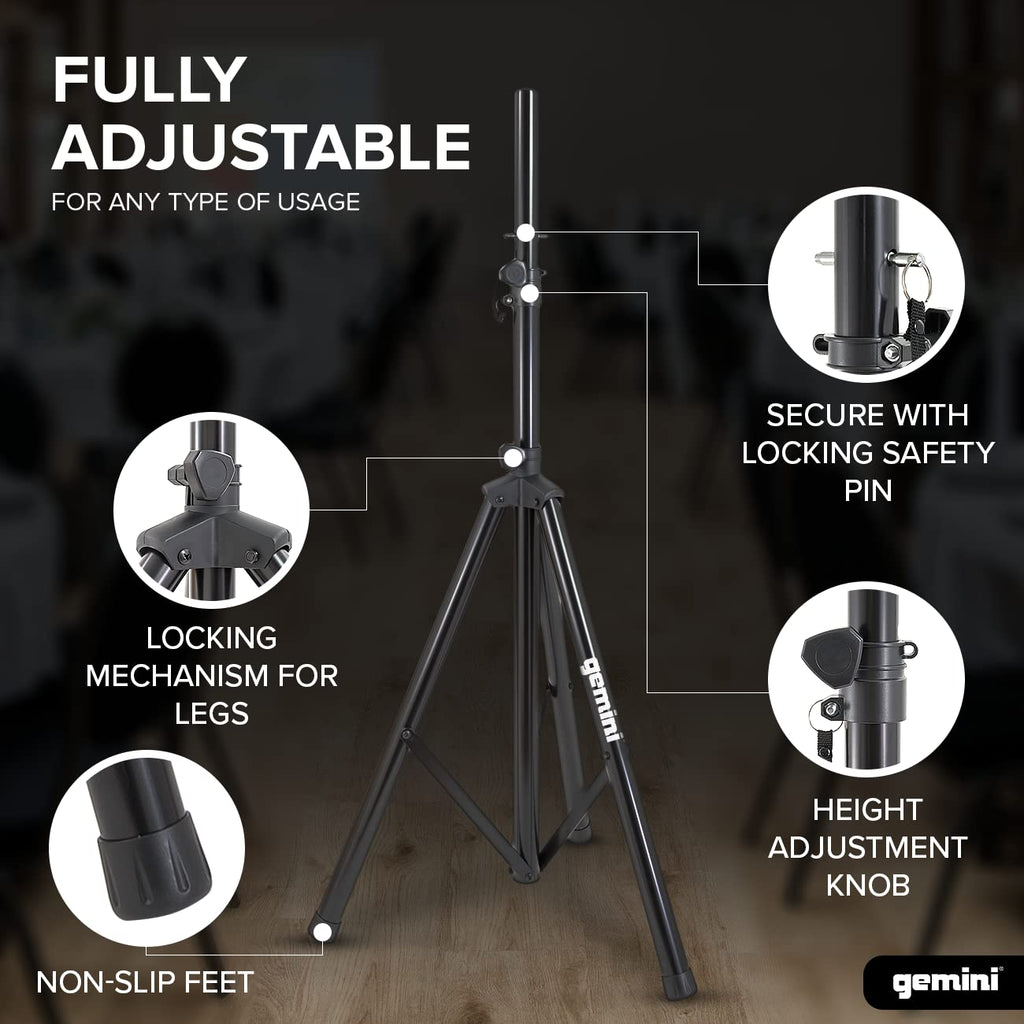 Gemini Sound ST-Pack Heavy Duty Professional Audio Universal DJ Fold-Out Telescoping Tripod Steel Speaker Stands (Set of 2), Up to 80" Inches Tall, 200lb Weight Capacity with Carry Bag Included,Black