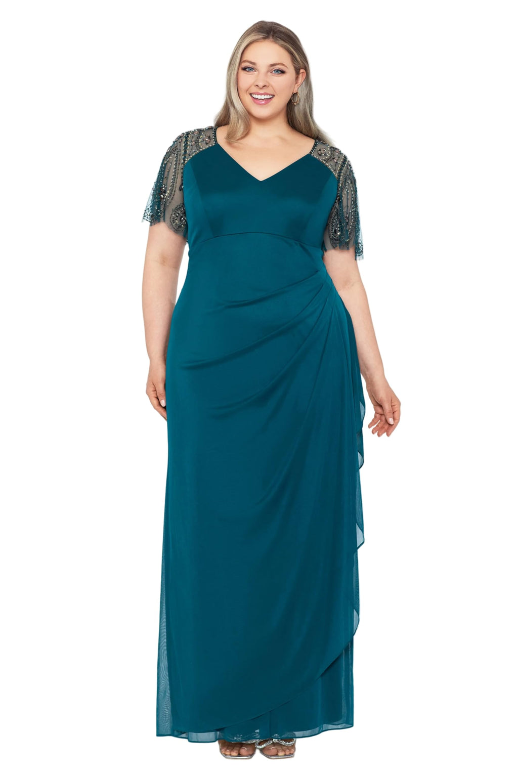 Xscape Floor Length Jersey Knit Evening Gown with V-Neckline, Beaded Flutter Sleeves and Ruched Draping
