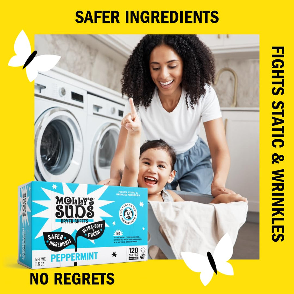 Molly's Suds Fabric Softener Dryer Sheets for Sensitive Skin | Plant-Based Static Reducer, Plastic-Free Packaging | Lavender (120 Sheets)