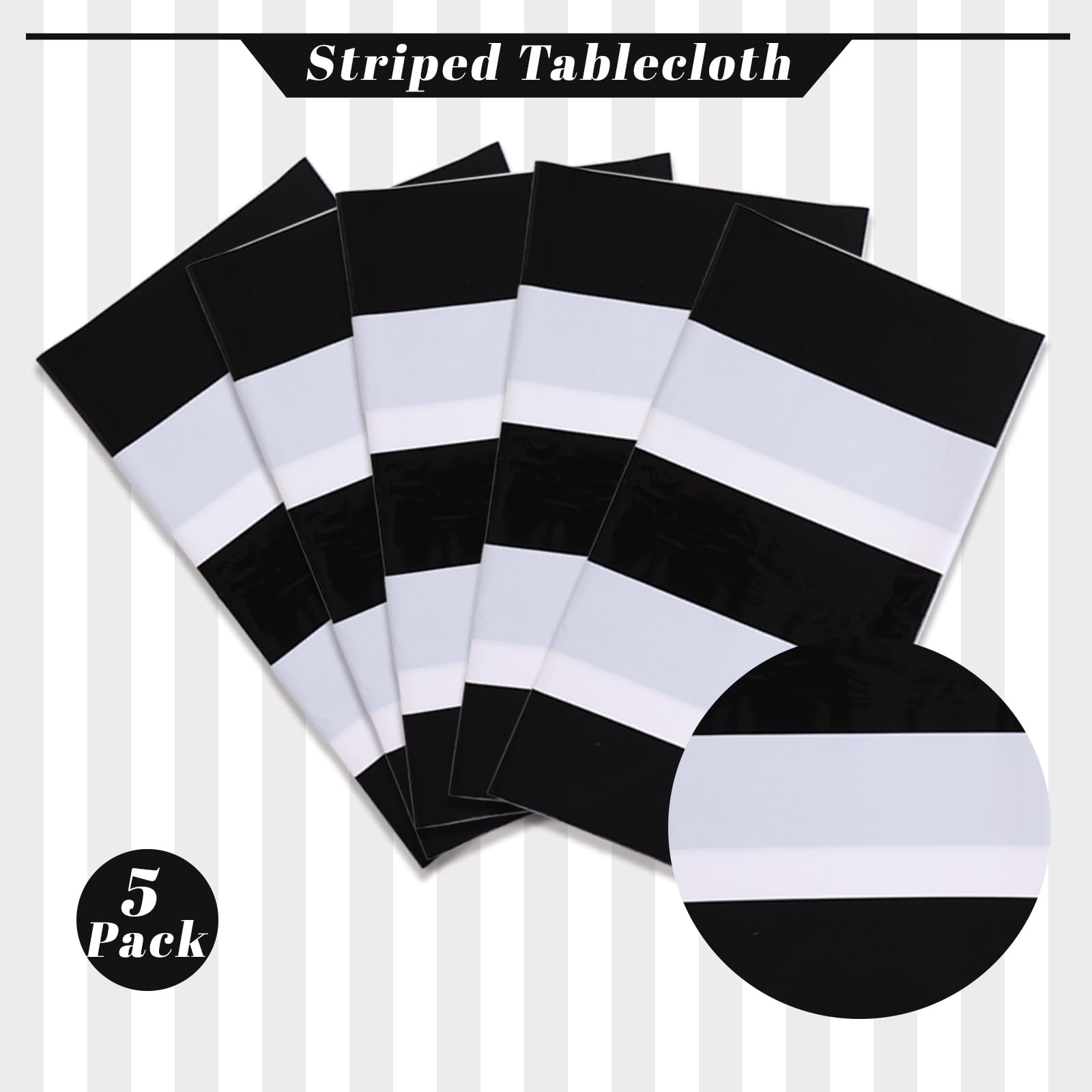 Kesfey 3 Packs Black and White Horizontal Striped Table Cloth 54 x 108 Inch Classic Black Stripe Tablecloths Disposable Plastic Stripe Table Covers Waterproof Picnic Tablecover for Halloween Party