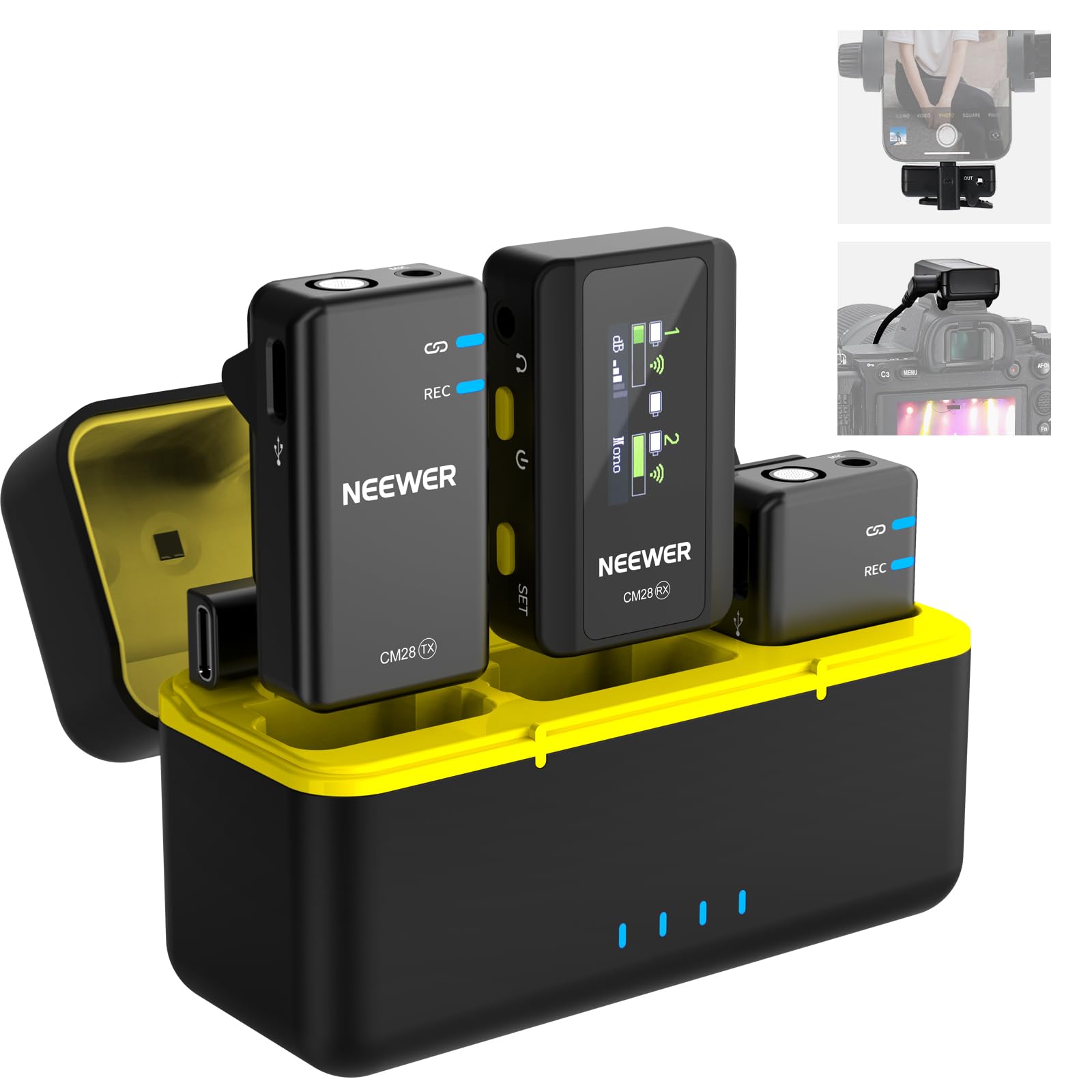 NEEWER CM28 Wireless Lavalier Microphone System, 1 Click Noise Canceling, 4GB Storage for 9Hrs of 48KHz 16 Bit Uncompressed Audio, Lapel Mic Compatible with iPhone/Android/PC/Camera/iPad