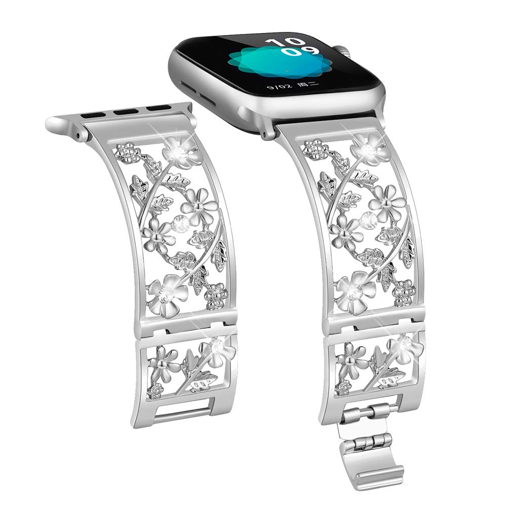 Floral Band Compatible with Apple Watch Jewelry Band 38mm 40mm 41mm 42mm iWatch Bands Series 11 10 9 8 7 6,Bling Crystal Bracelet Hollow Metal Strap,Fashion Women Wristband(38/40/41/42mm,Black)