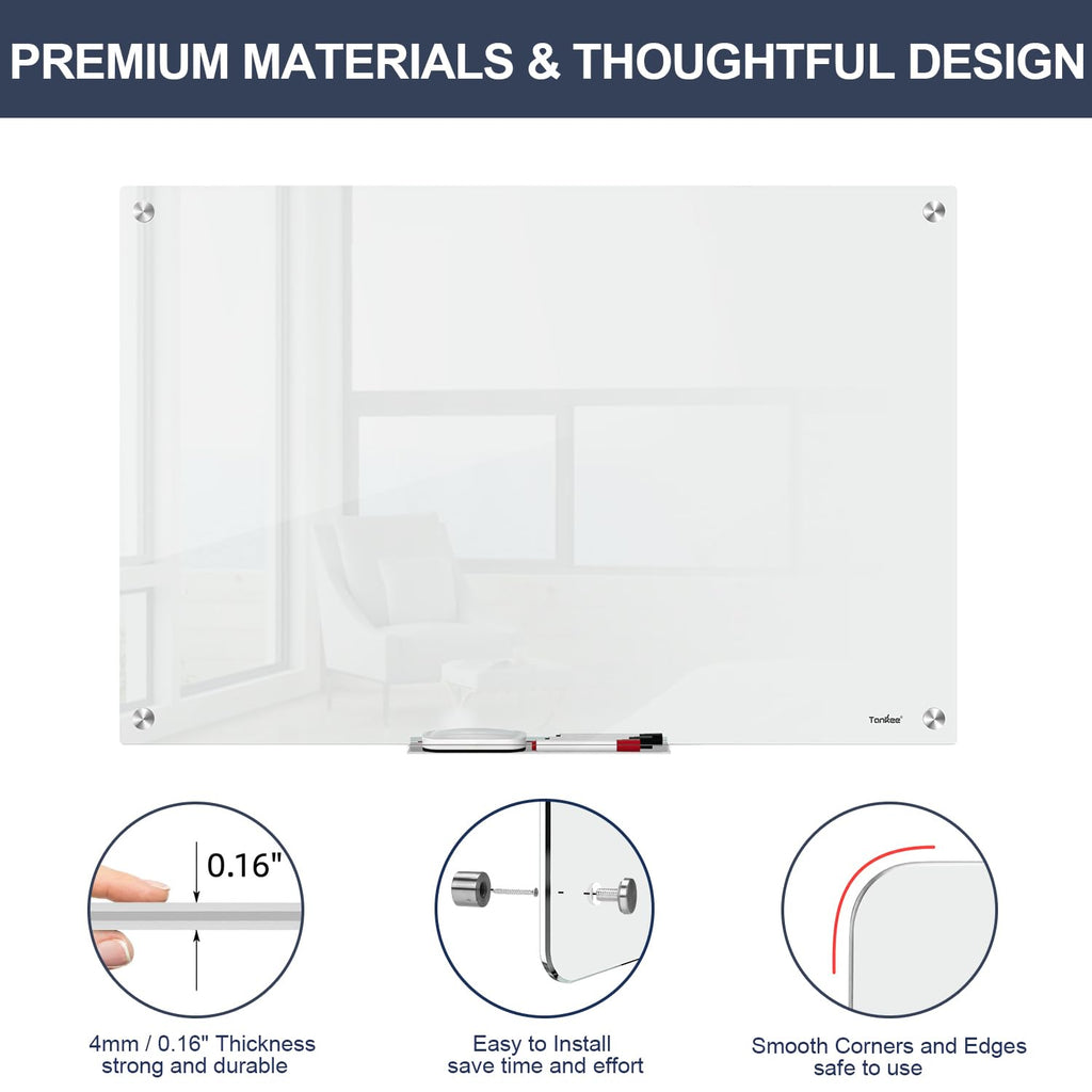 Dry Erase Board Black Magnetic Glass Whiteboard, TANKEE Modern Large Frameless Tempered Glass White Board for Wall, Office, School, Home, 36” x 24”, 3' x 2' White Board