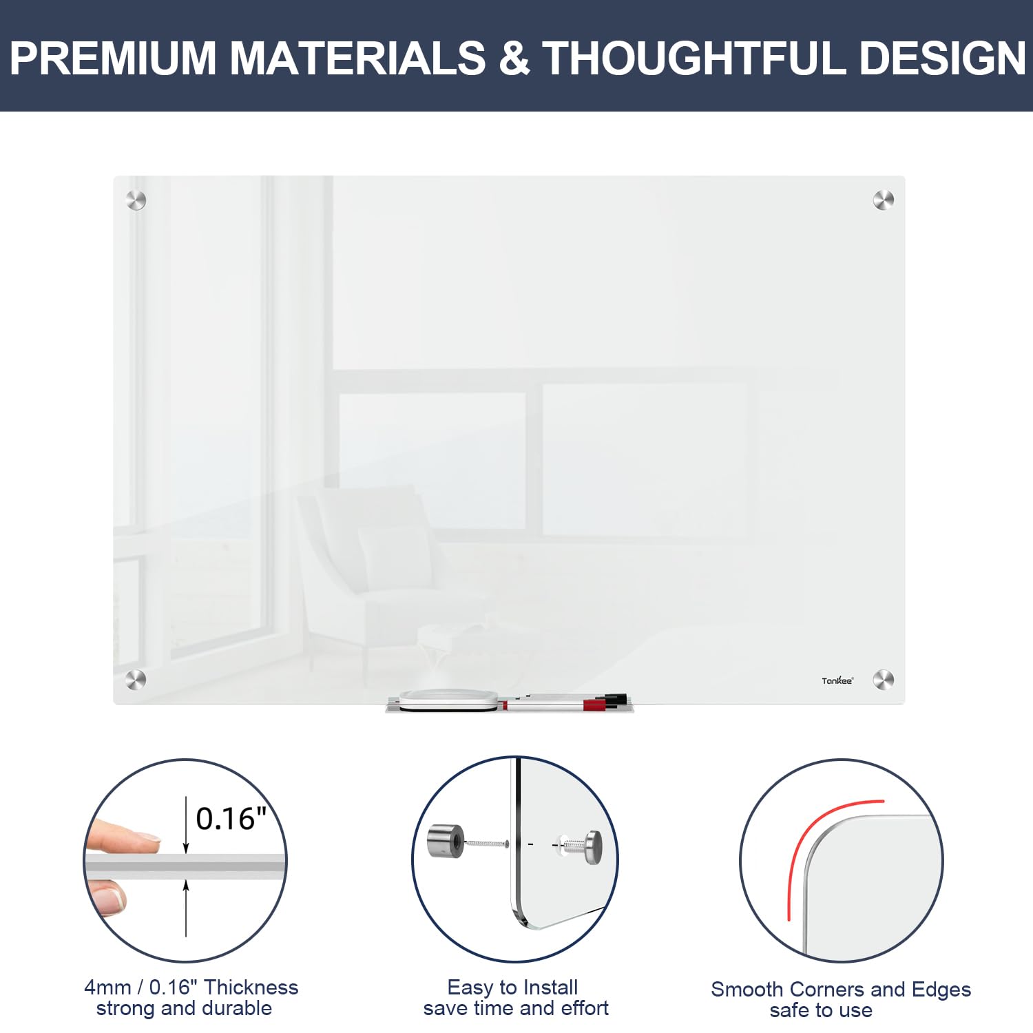 Dry Erase Board Black Magnetic Glass Whiteboard, TANKEE Modern Large Frameless Tempered Glass White Board for Wall, Office, School, Home, 36” x 24”, 3' x 2' White Board