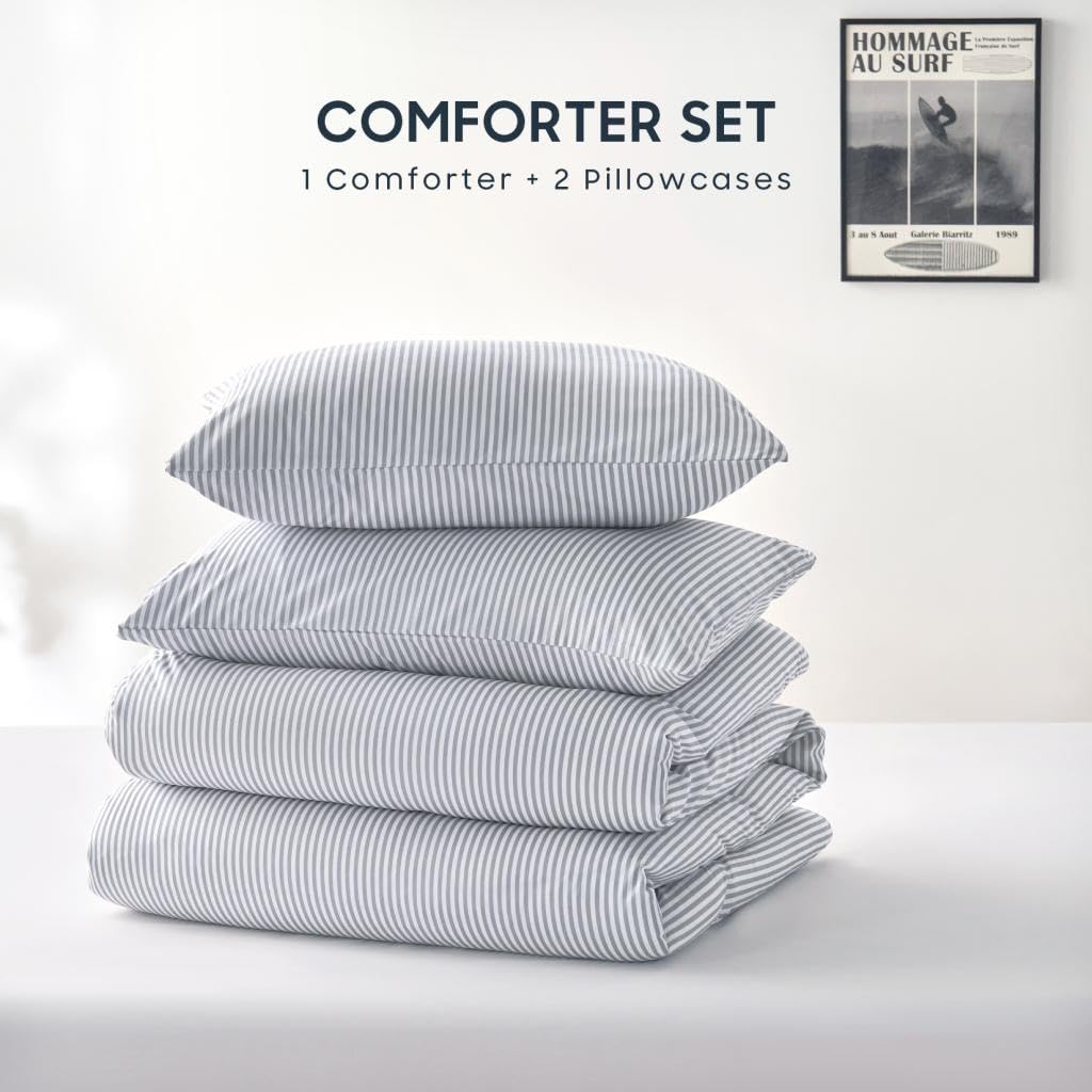 Wake In Cloud - Striped Comforter Set, Ticking Stripe Vertical Pinstripe Neutral Farmhouse Pattern Printed, Soft Lightweight Bedding, 3 Pieces, Blue White, Twin/Twin XL Size