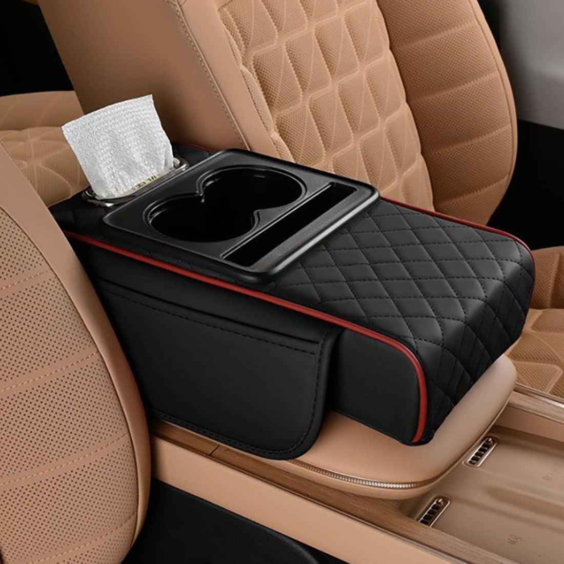 Car Armrest Cushion,5-in-1 Center Console Cover with 2 Storage Bags Cup Holder, Tissue Box Slot, Phone Slot for Sedans, Car Accessories Interior Organizers (Beige)