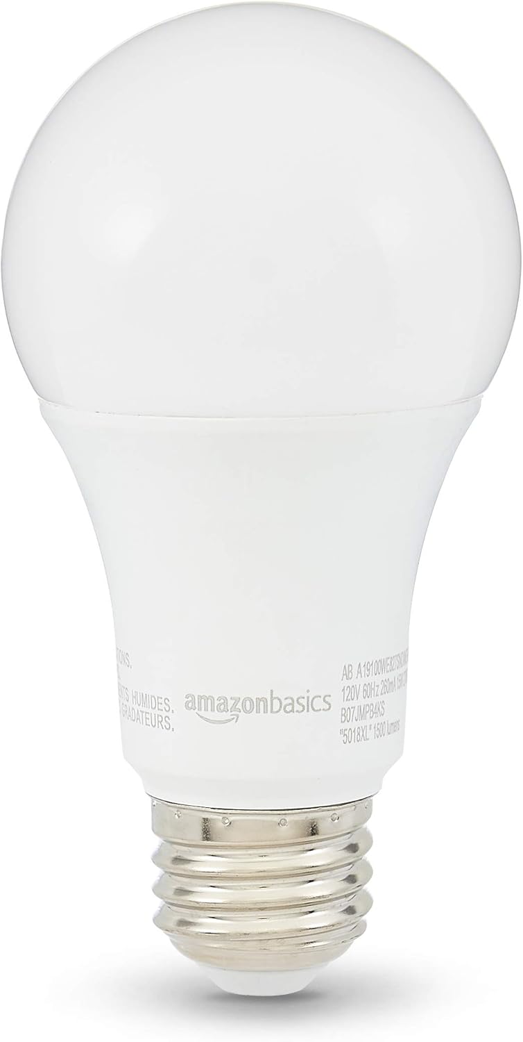 Amazon Basics A19 LED Light Bulbs, 100W Equivalent, 15W Energy Efficient, E26 Standard Base, Soft White 2700K, Non-Dimmable, 10,000 Hour Lifetime, 6-Pack