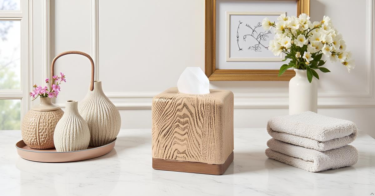 Hymmah Square Tissue Box Cover Holder with Tray,Unique Cube Design Tissue Dispenser Cover Decor for Vanity Counter Tops Also Great for Bedroom and Living Room