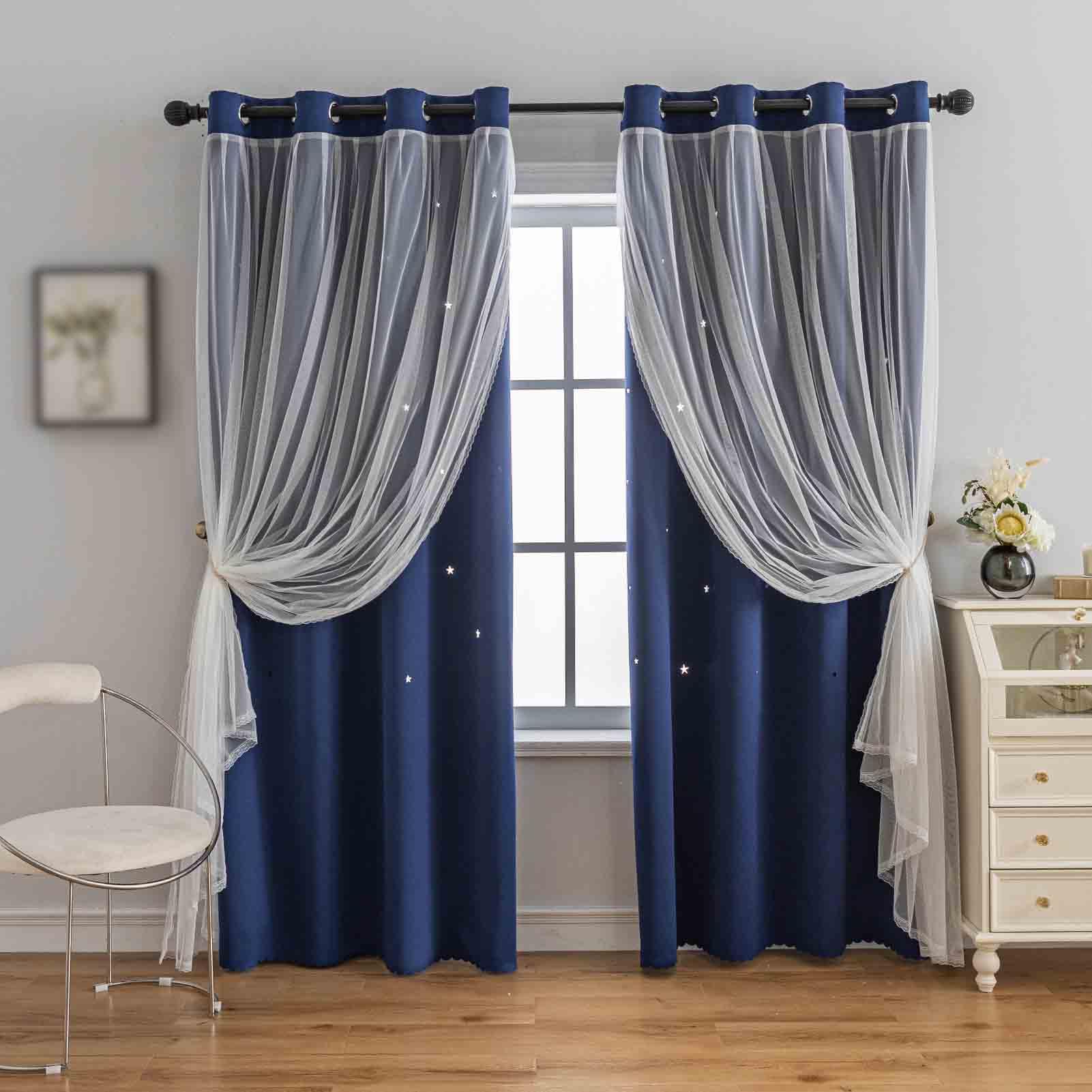 Anytime Star Cut-Out Blackout Curtains for Bedroom 2 Panels,2-Layers Mix Design of Fabric & Tulle,Pretty Pure Color Window Curtain for Kids Room(W35 x L45,LPink)