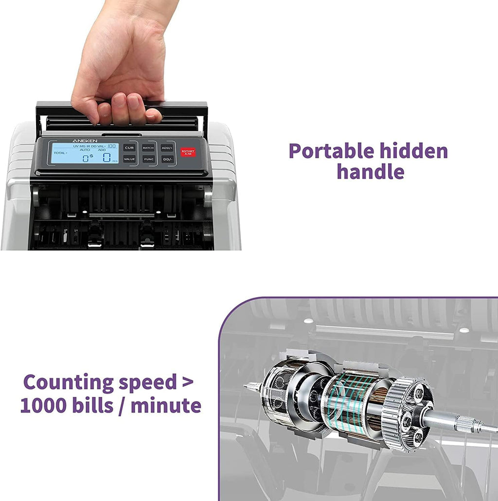 Aneken Money Counter Machine with Value Count, Dollar, Euro UV/MG/IR/DD/DBL/HLF/CHN Counterfeit Bill Detectors，Add and Batch Modes, Cash Counter with LCD Display | Jam-free and durable