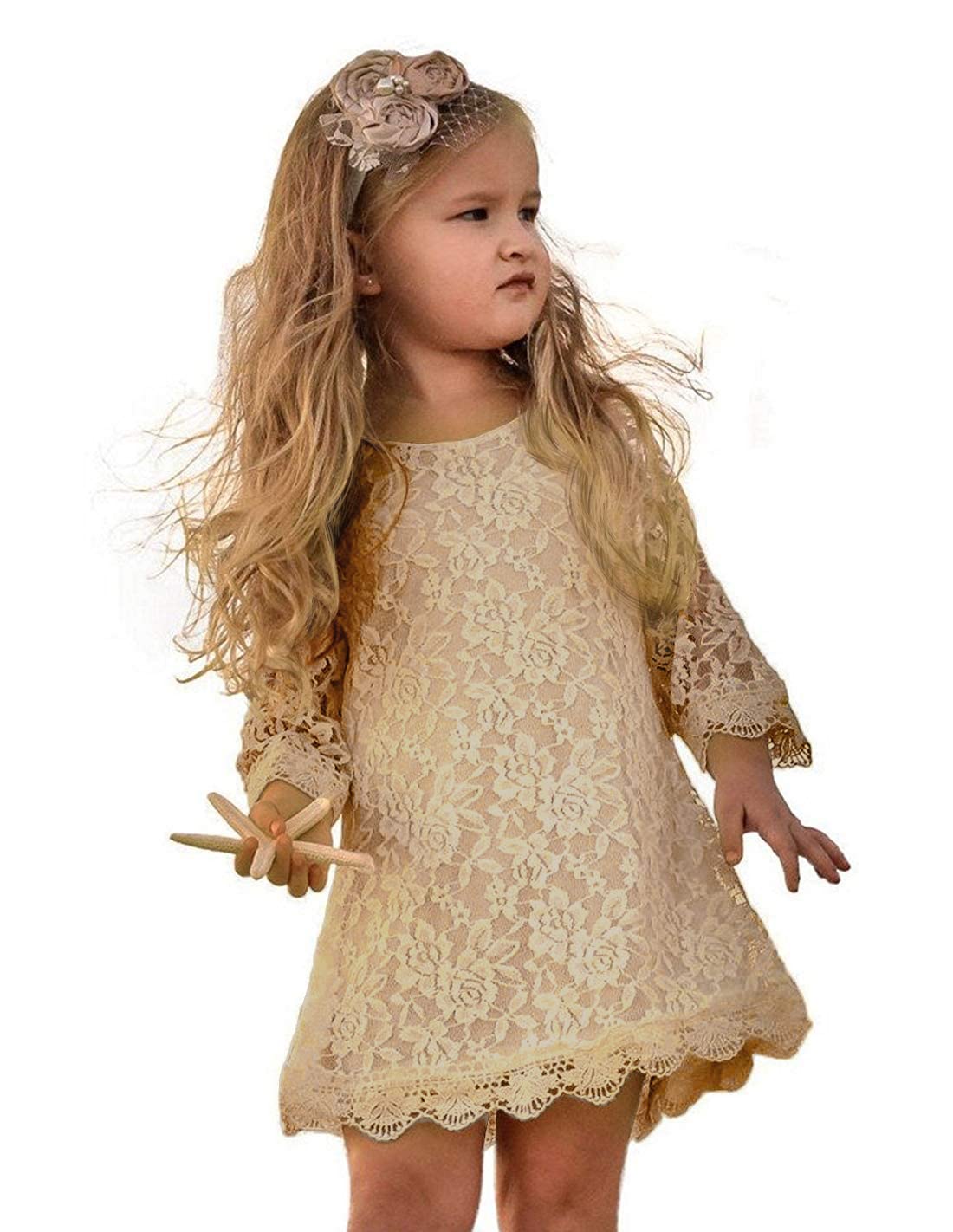 APRIL GIRL Flower Girl Dress, Lace Dress 3/4 Sleeve Dress