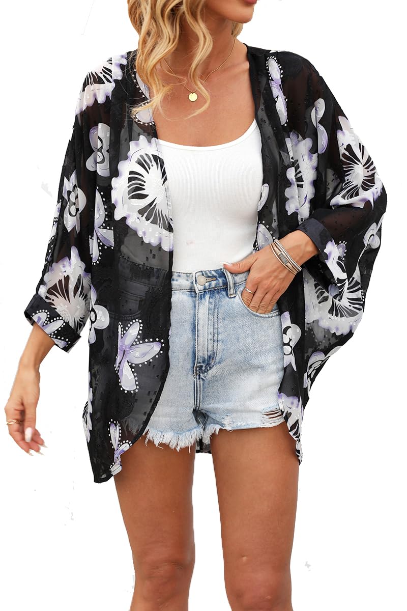 olrain Women's Floral Print Sheer Chiffon 3/4 Bat Sleeve Casual Loose Kimono Cardigan Capes