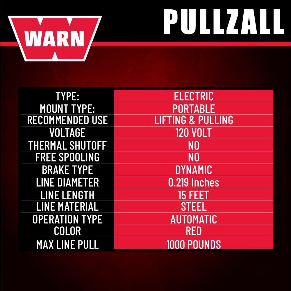 WARN 885000 PullzAll Corded 120V AC Portable Electric Winch with Steel Cable: 1/2 Ton (1,000 lb) Pulling Capacity, Variable Speed Trigger, Red