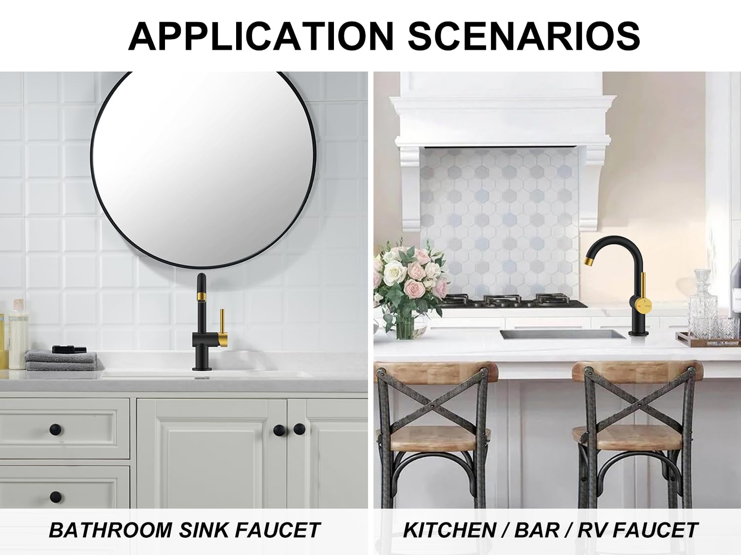KENES Black and Gold Single Handle Bathroom Sink Faucet, Modern Prep Wet Bar Sink Faucet with Drain Assembly & Deck Plate, Vanity Faucets for Farmhouse RV Camper Utility, KE-9005B-BG