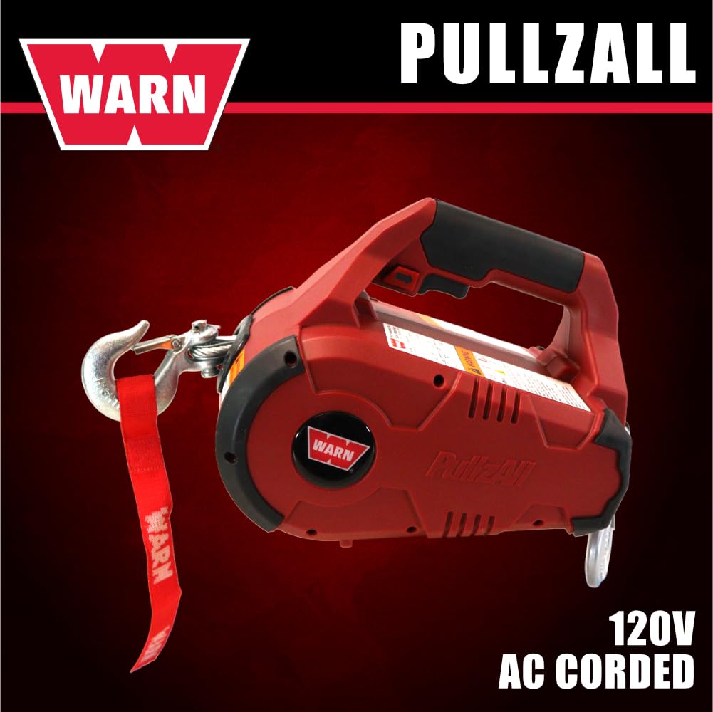 WARN 885000 PullzAll Corded 120V AC Portable Electric Winch with Steel Cable: 1/2 Ton (1,000 lb) Pulling Capacity, Variable Speed Trigger, Red