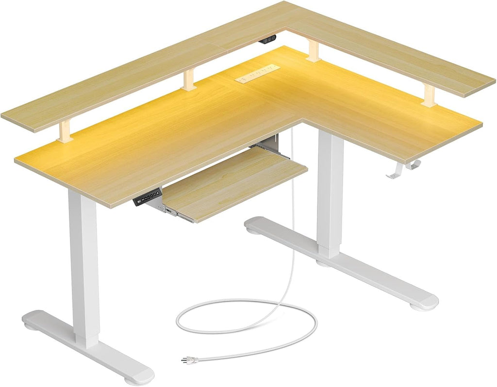 Rolanstar L Shaped Standing Desk with Keyboard Tray, Height Adjustable Corner Desk with LED Light & Power Outlet, Electric Sit Stand Computer Desk with Monitor Stand, Beige