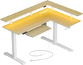 Rolanstar L Shaped Standing Desk with Keyboard Tray, Height Adjustable Corner Desk with LED Light & Power Outlet, Electric Sit Stand Computer Desk with Monitor Stand, Beige